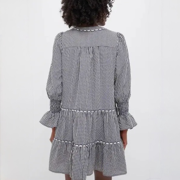 Pomander Place Navy Gingham Tiered Babydoll Mini Dress Smocked Cuffs Size S EUC - Picture 3 of 8